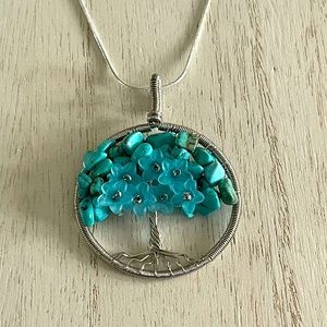 Turquoise tree of life and flower pendant and necklace